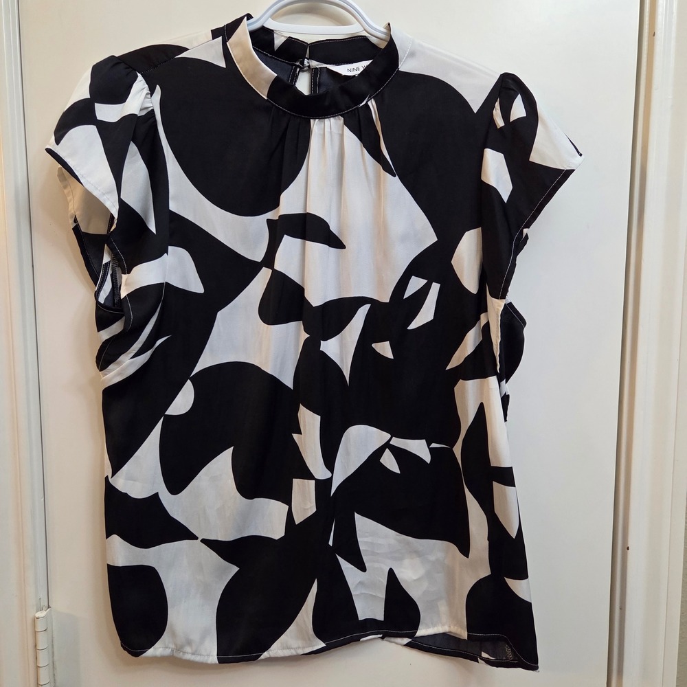 Nine West Womens Large Black White Abstract Mock Neck Sleeveless Blouse Shell